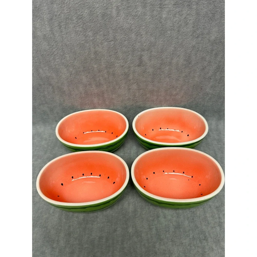 Vintage Watermelon Ceramic Bowls Green Pink Set of 4 Oval Fruit‎ Design Japan